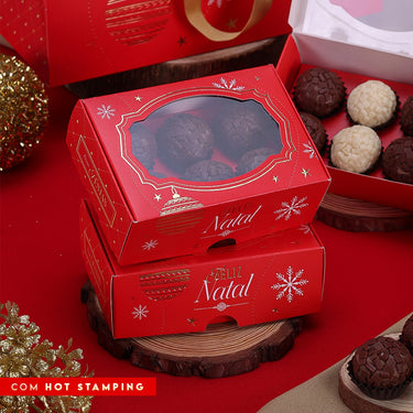 Caja navideña para brigadeiros de 6 cavidades con tapa transparente tema Happy Holidays (paquete de 10)